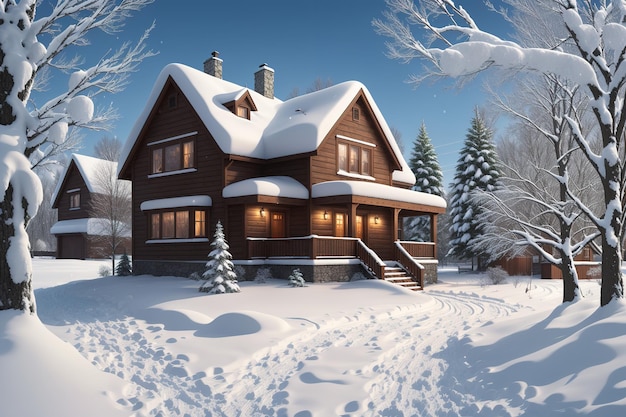 Dom w śniegu ze śniegiem na dachu