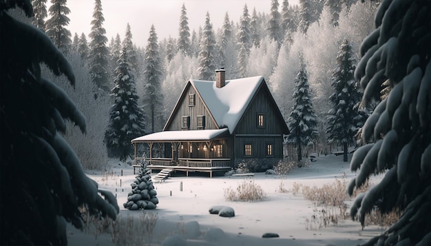 dom w środku dżungli z zimową pogodą, malarstwem ilustracyjnym, stylem sztuki cyfrowej