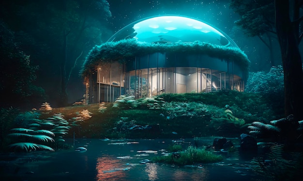 Dom w środku lasu nocą, w bujnej oazie i zaokrąglonej architekturze Generowanie sztucznej inteligencji AI generowanie AI