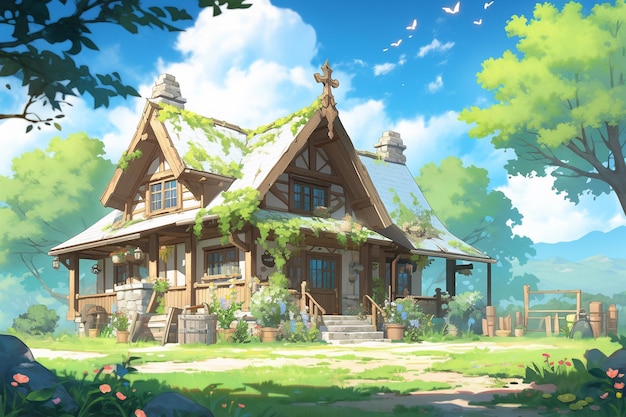 dom w stylu anime pośrodku bujnego zielonego lasu generatywnego AI