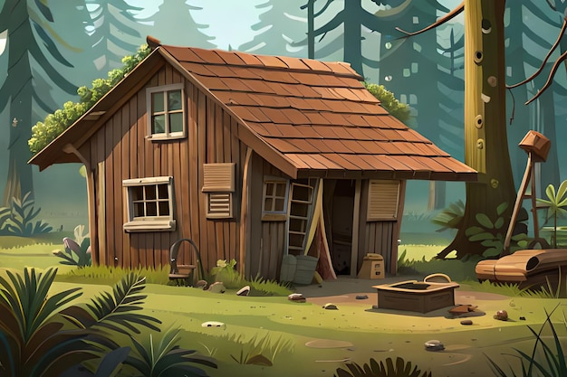 Dom w stylu kreskówki w lesie z drabiną i wiadrem