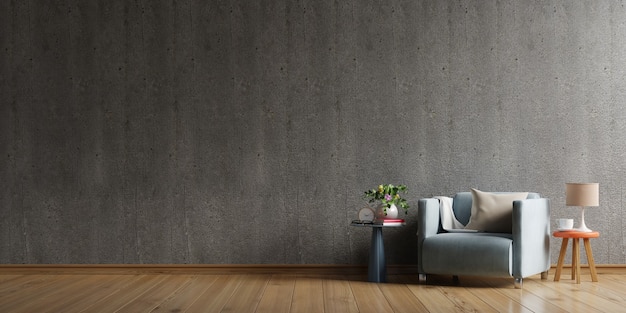 Dom w stylu loftu z fotelem i akcesoriami w pokoju za betonową ścianą