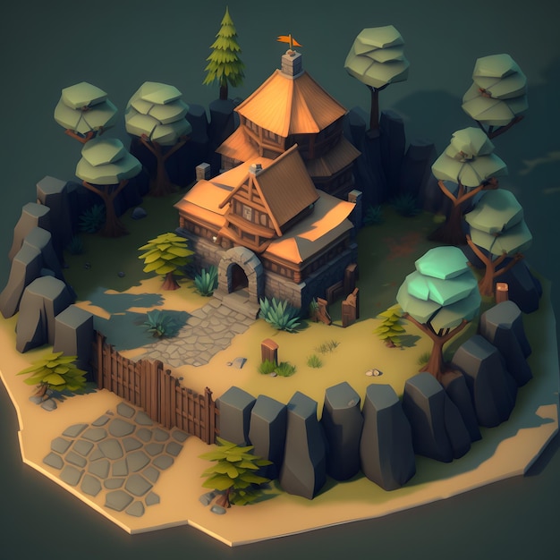 Dom w stylu low poly z bramą pośrodku