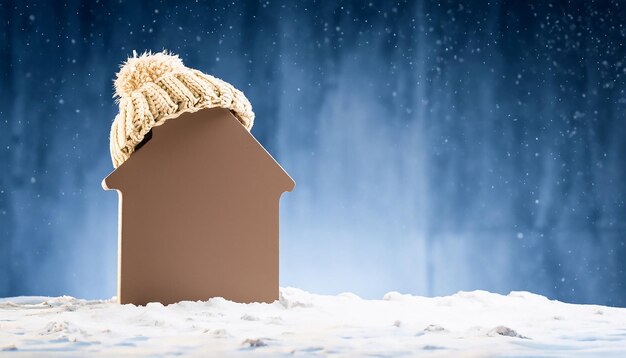 Zdjęcie dom w zimie koncepcja systemu ogrzewania i zimna śnieżna pogoda z modelem domu nosząc