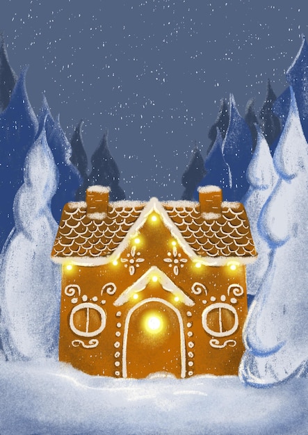Dom w zimowym lesie na tle ośnieżonych jodeł. Domek z piernika na zimowe holi