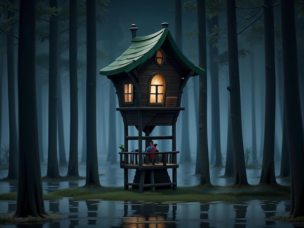 Zdjęcie dom wektorowy w lesie w nocy