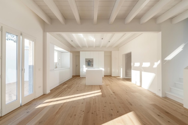 Dom wewnętrzny pusty pokój Biała ściana i sufit z drewnianą podłogą