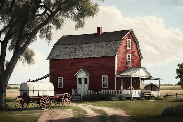 Dom wiejski z czerwoną stodołą i zadaszonym wagonem na podwórku
