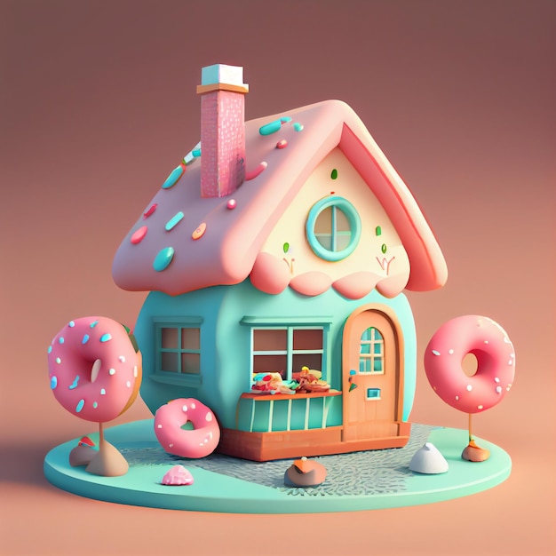 Dom wykonany z pączków kawaii czekolady dom ilustracja renderowania 3d