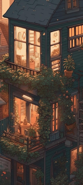 Dom z balkonem i balkonem z roślinami.