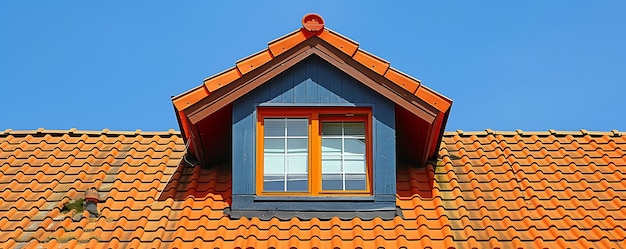 dom z czerwonym dachem i niebieskim oknem