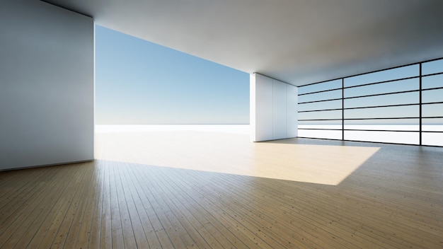 Dom z dużym szklanym oknem i drewnianą podłogą renderowania 3d