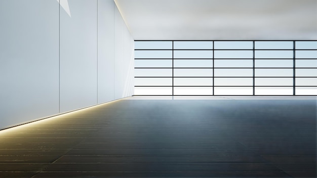 Dom z dużym szklanym oknem i drewnianą podłogą renderowania 3d