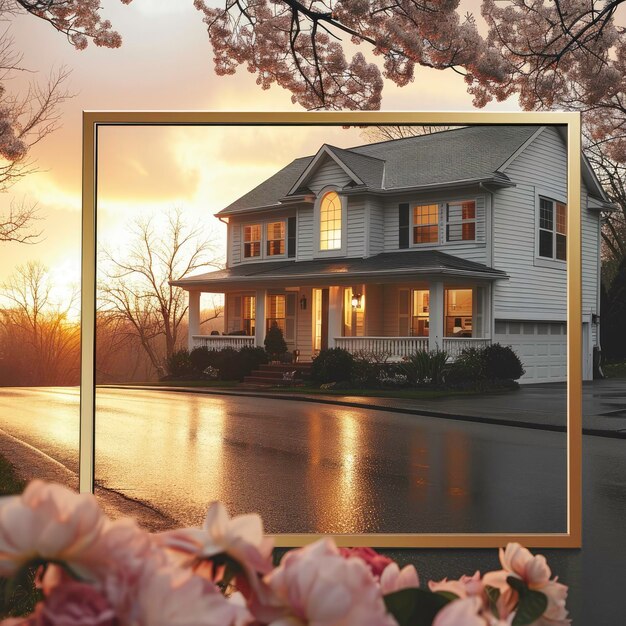 Zdjęcie dom z obrazem domu i słońcem za nim
