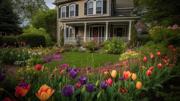Dom z ogrodem pełnym kolorowych tulipanów przed nim.