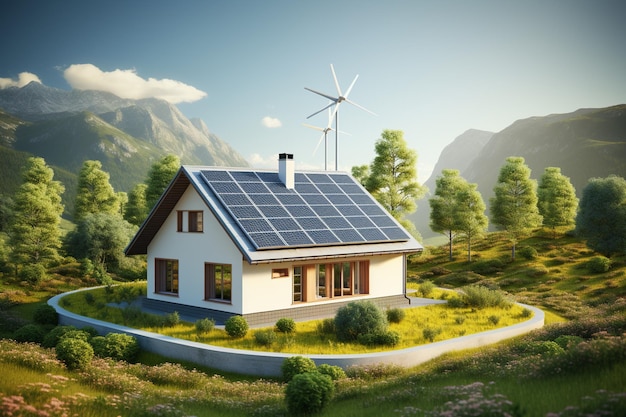 Dom z panelami słonecznymi i turbinami wiatrowymi Koncepcja energii odnawialnej
