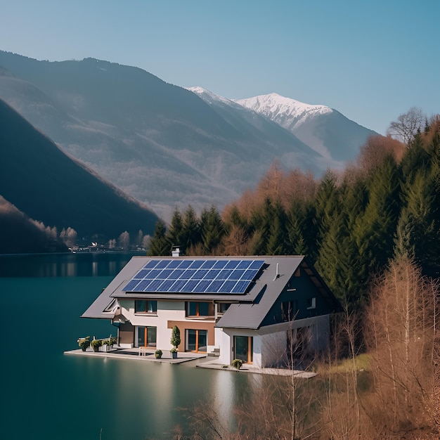 Dom z panelem słonecznym na dachu otoczony jest drzewami i górami.