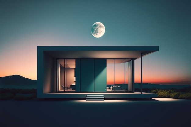 Dom z pełnią księżyca w tle generatywnej sztucznej inteligencji