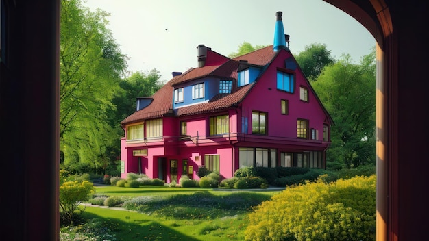 Dom z różowym dachem i zielonym trawnikiem przed nim