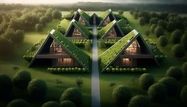Dom z zielonym dachem z trawiastym dachem otoczony jest drzewami.