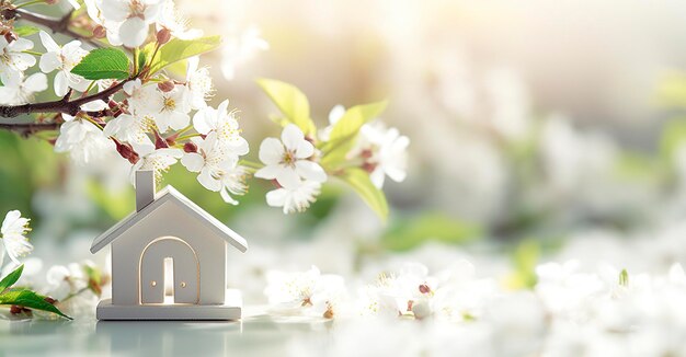 Zdjęcie dom zabawek i kwiaty wiśni wiosna abstrakcyjne tło naturalne