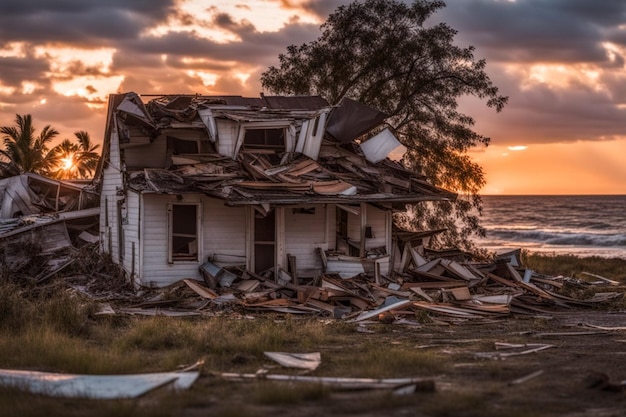 Dom zniszczony przez tornado przy zachodzie słońca w pobliżu morza ilustracja