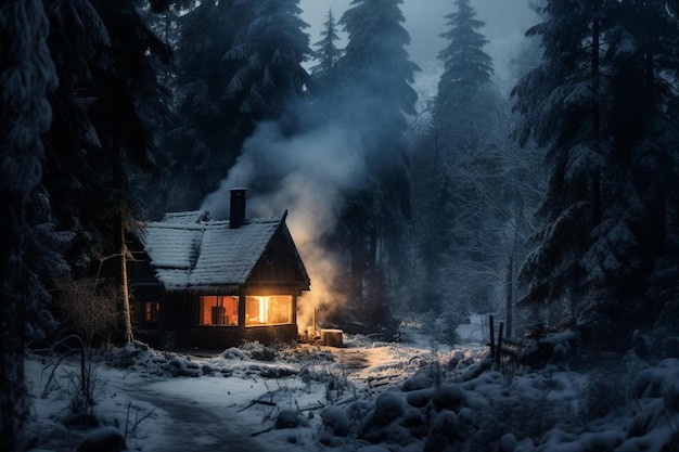 Zdjęcie domek w lesie zimą.