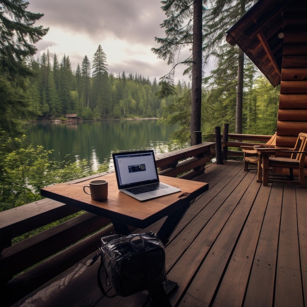 Domek z bali nad jeziorem w Kanadzie, laptop na pokładzie z widokiem na dziewiczą dziką przyrodę