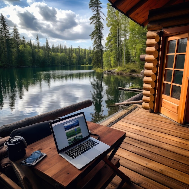 Domek z bali nad jeziorem w Kanadzie, laptop na pokładzie z widokiem na dziewiczą dziką przyrodę