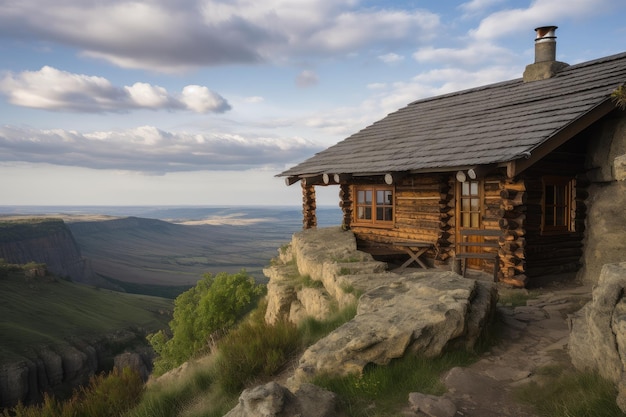 Domek z bali położony na skraju klifu z dramatycznymi widokami na otaczający krajobraz