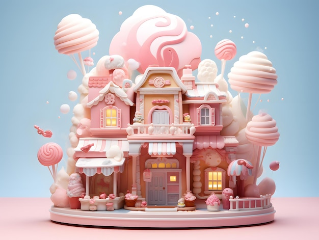Domek z ciastami z słodkimi cukierkami na różowym tle 3d ilustracja koncepcja Bożego Narodzenia i Nowego Roku