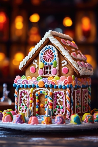 Domek z piernika z dekoracjami z cukierków i lukrem stworzony za pomocą generatywnej sztucznej inteligencji