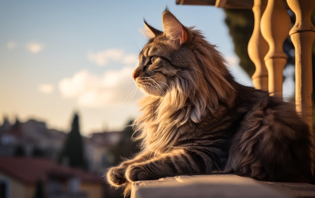 Dominujący kot siedzący wysoko i obserwujący swoją domenę