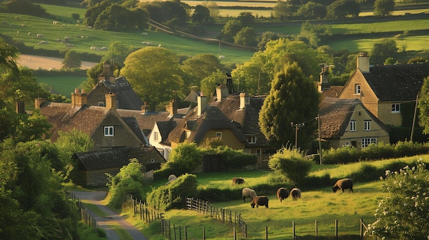 Zdjęcie domki z dachami słomianymi w cotswolds w anglii idylliczna angielska wieś