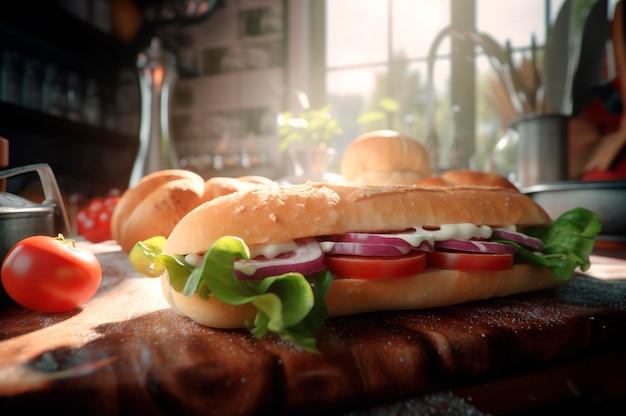 Domowa kanapka z bagietką podwodną z szynką, serem, bekonem, pomidorem, sałatą, ogórkiem i cebulą, wygenerowana przez AI