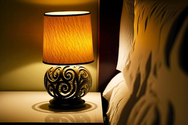 Domowa lampka nocna z abażurem w ciemnym pokoju hotelowym stworzona za pomocą generatywnej sztucznej inteligencji