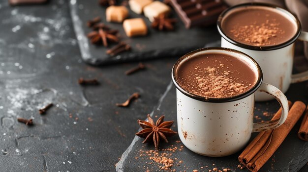 Domowa pikantna gorąca czekolada z cynamonem w szklanym kubku na szklanym lub betonowym tle