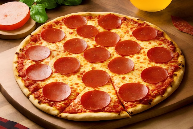 Domowa pizza Pepperoni na drewnianej płycie generatywnej sztuki autorstwa AI