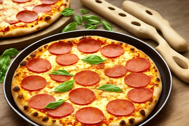 Domowa pizza Pepperoni na drewnianej płycie generatywnej sztuki autorstwa AI