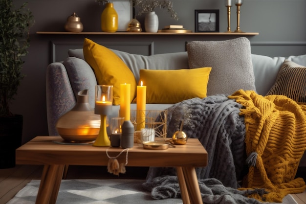 Domowa sofa wnętrze domu żółta nowoczesna poduszka jasny wystrój szara poduszka Generative AI