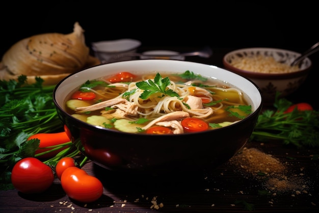 Domowa zupa z kurczaka i makaronu z warzywami i przyprawami w misce Koncepcja zdrowego jedzenia