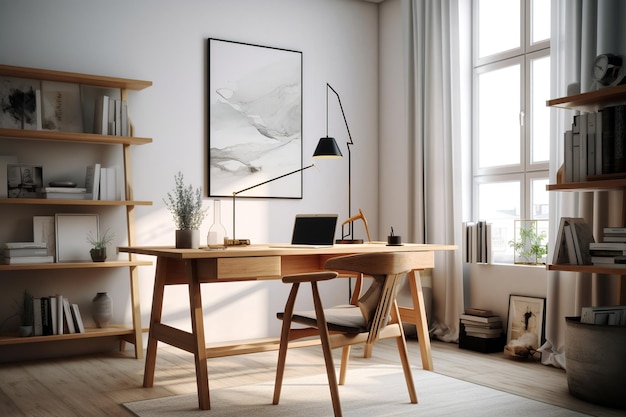 Zdjęcie domowe biuro z biurkiem i lampą na ścianie.