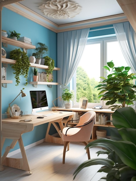 Domowe biuro z biurkiem i rośliną na półce.