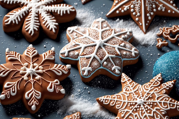 Domowe ciasteczka piernikowe pokryte polewą cukrową i ozdobione płatkami śniegu