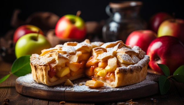 Zdjęcie domowe ciasto jabłkowe ze złotą skorupą na wiejskim drewnianym tle, idealne do jesiennych deserów.