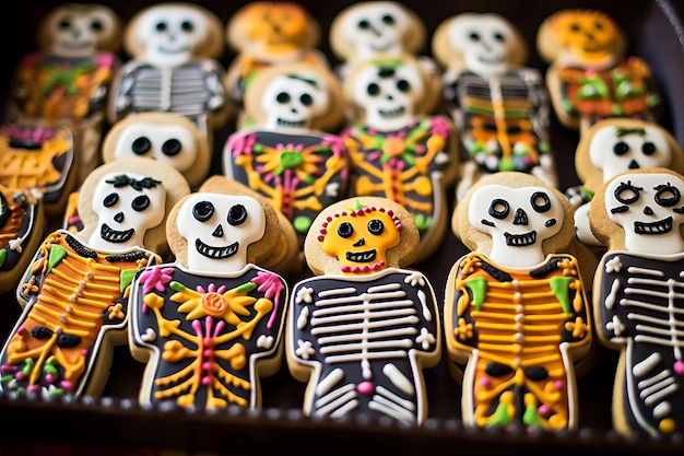Domowe groteskowe ciasteczko z czaszką i szkieletem podczas meksykańskiego święta ludowego