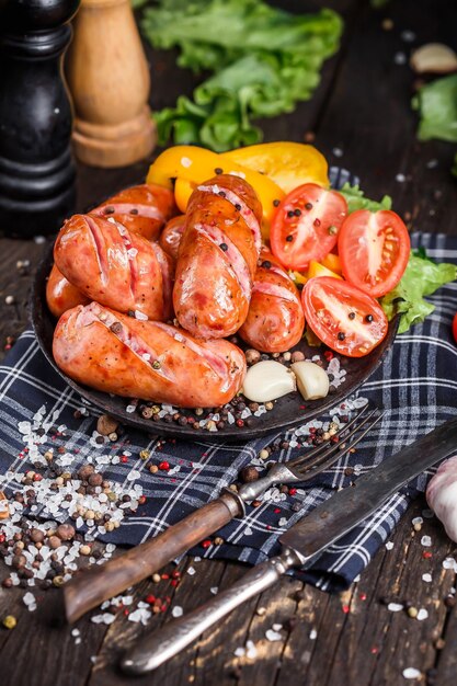 Zdjęcie domowe jedzenie, grube kiełbaski wieprzowe smażone na patelni, grillowane warzywa, liść sałaty, ciemne i nastrojowe