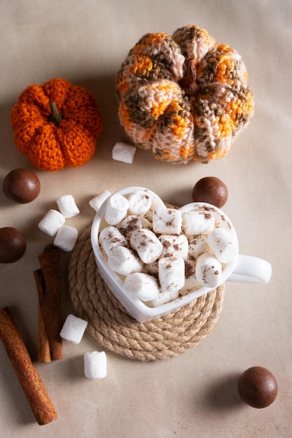 Domowe kakao z pianką marshmallow w kubku w kształcie serca obok dyni z dzianiny Jesienna koncepcja