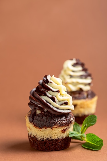Domowe marmurkowe babeczki z kremem czekoladowo-waniliowym podawane z gałązką mięty Koncepcja domowych słodkich wypieków