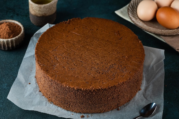 Domowe okrągłe czekoladowe ciasto biszkoptowe lub ciasto szyfonowe Składniki ciasta biszkoptowego jajka, mąka i kakao Ciastko czekoladowe